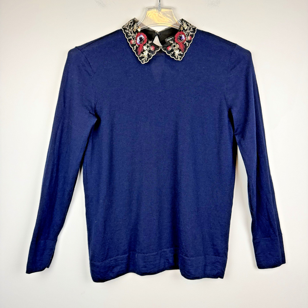 Club Monaco Joannah Sweater Women L Navy Embellished Peter Pan Collar Merino